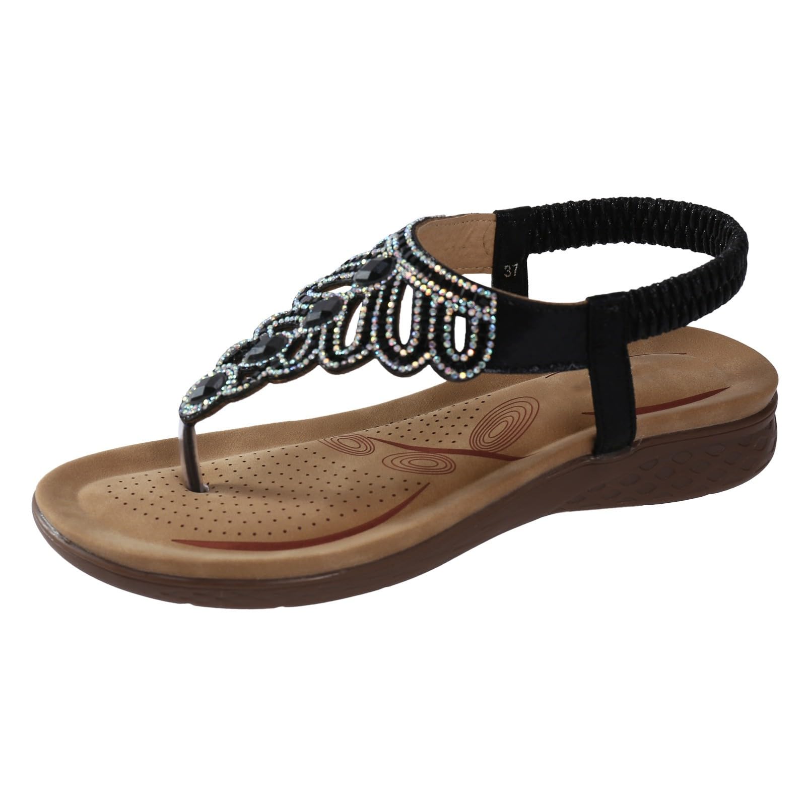 Sandales Femme Été Confortable Bohême Sandale Orthopédique Élégantes Bout Ouvert Pied Large H-Strap Bride Élastique Sangle Strass Chaussure Léger Avec Support Plates De Plage Casual Chaussures 35-46