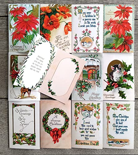 Image of PIXILUV CHRISTMAS WISHES (Pack of 12) Notecards Small Greeting Cards # Vintage Christmas Wishes Salutations with Red Flowers Wreaths and Wintery Scenes ~ Vintage Christmas Postcards Reprint