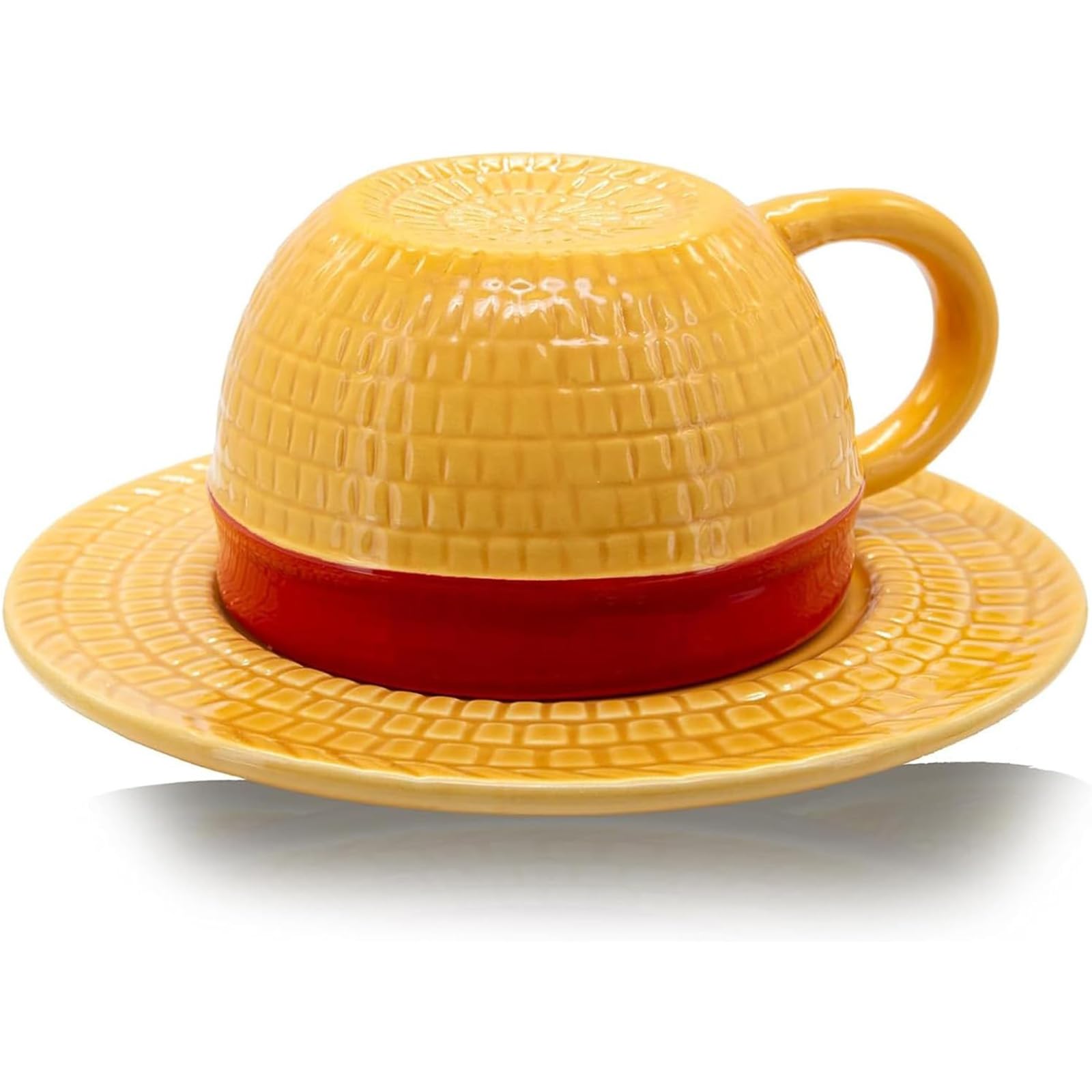 2pcs Anime One O.P. Piece Coffee Mug with Saucers, Novelty Straw Hat Ceramic Coffee Tea Milk Cup Mug with One Plate, Merchandise Gifts Sets for Anime Fan's Gift or Souvenir (Yellow Straw Hat Cup)