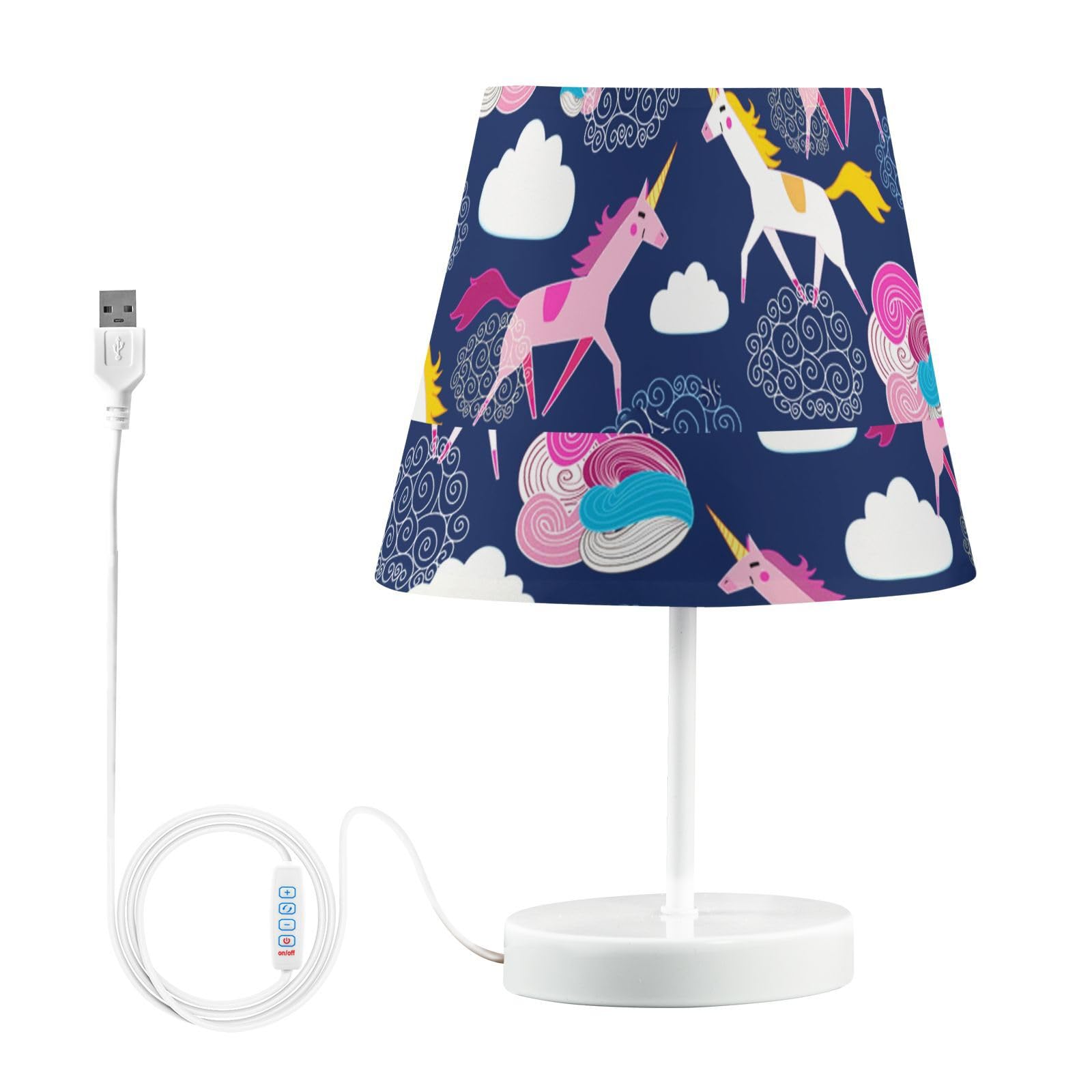 Mnsruu Lampe de chevet licorne arc-en-ciel bleu foncé lampe de table ampoules LED lampe de bureau abat-jour en tissu pour chambre à coucher salon taille M
