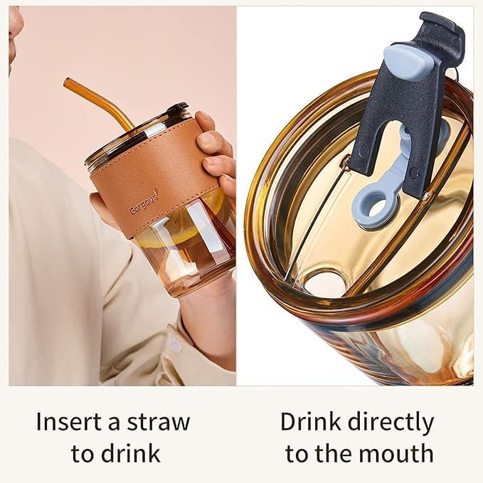 Image of SUANI Viral Glass Tumbler with Lid and Straw, 400ml Transparent Drinking Glass Cup for Iced Coffee, Cold Coffee, Juice, Smoothies, Milk, Tea and Beverages, Pack of 2