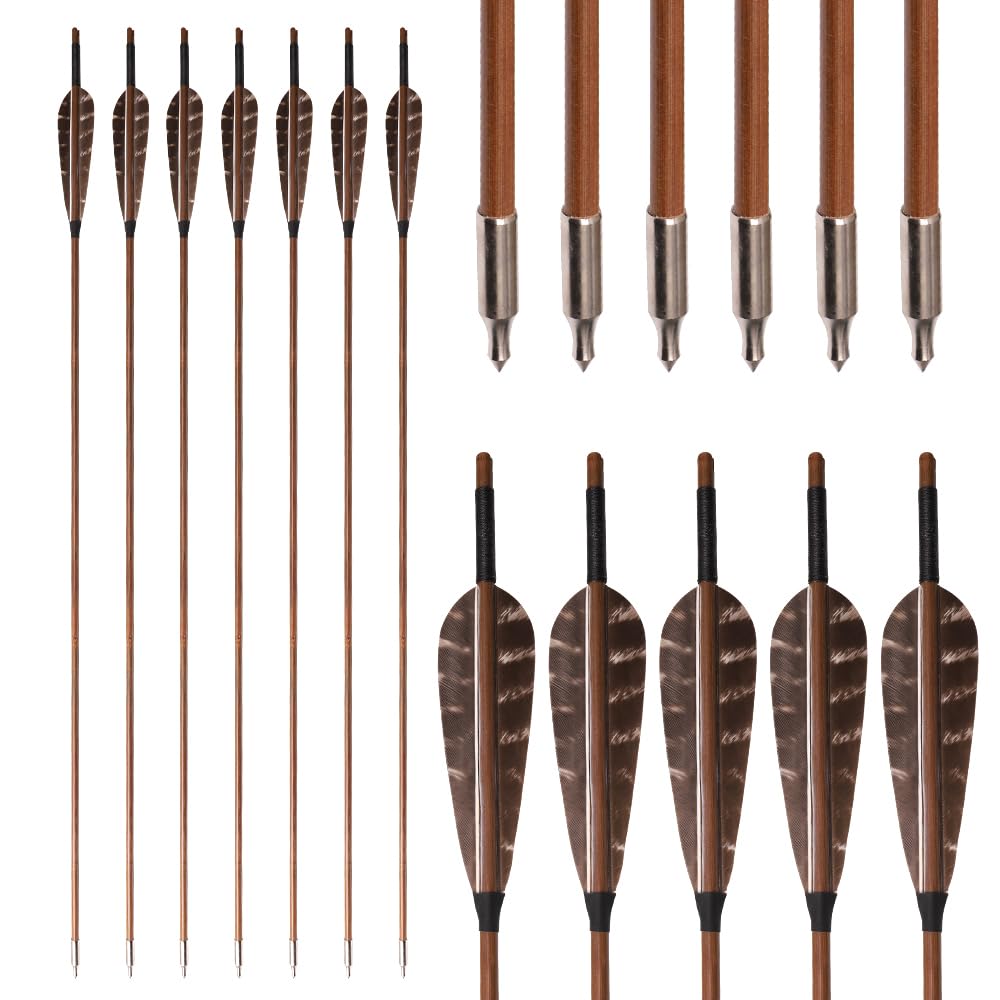 12 pz Frecce di bambù 33” Lunghezza Albero OD 7mm 8mm 5" Piuma di Tacchino Freccia de 2 Vane per Arco Ricurvo Tradizionale Arco Lungo Caccia Pratica di Tiro con L'Arco