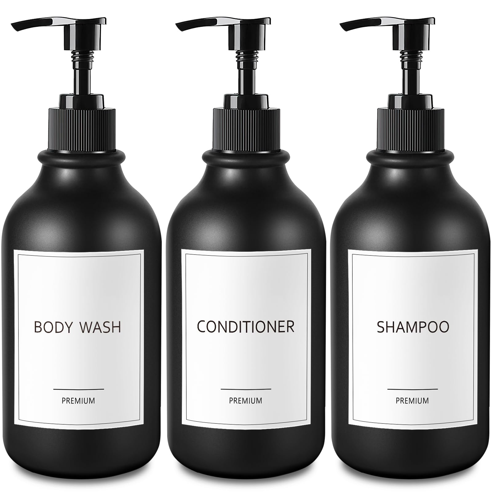 GMISUN Shampoo and Conditioner Bottles, 500ml Plastic Black Soap Dispenser for Bathroom, 3 Pcs Pump Bottle Dispenser, Refillable Shower Bottles with Pump, Shampoo Conditioner Body Wash Dispenser
