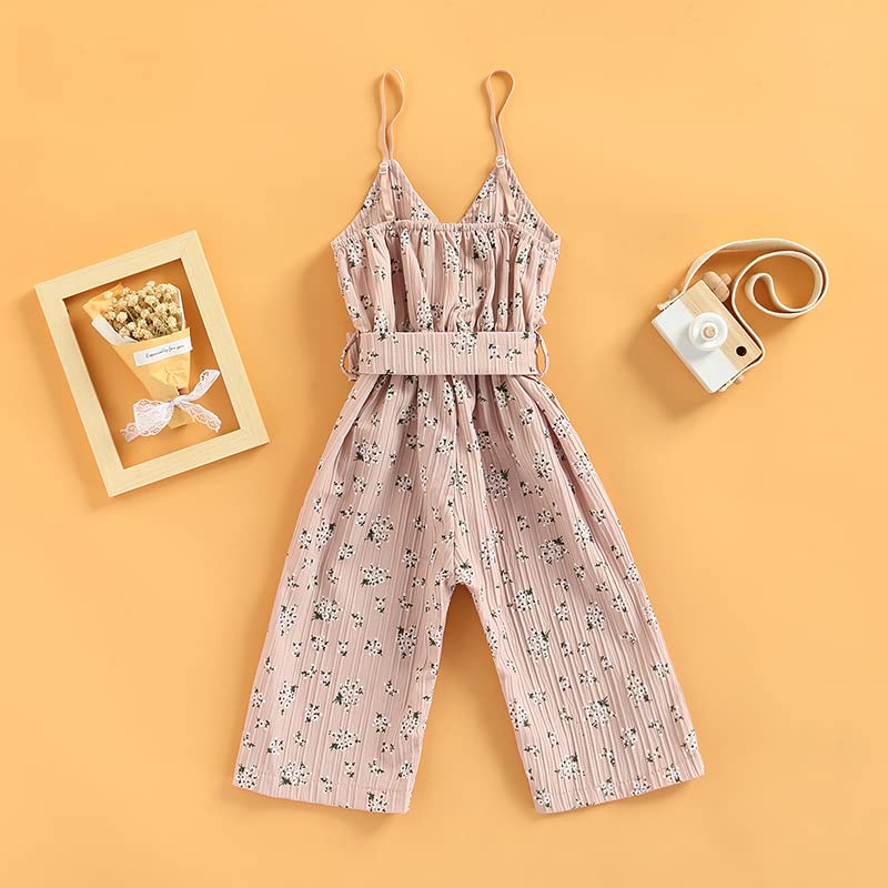 Toddler Baby Girl Floral Jumpsuits Summer Ruffle Straps Suspender Off Shoulder V Neck Wide Leg Overalls Outfit (with Belt Pink,4-5T)
