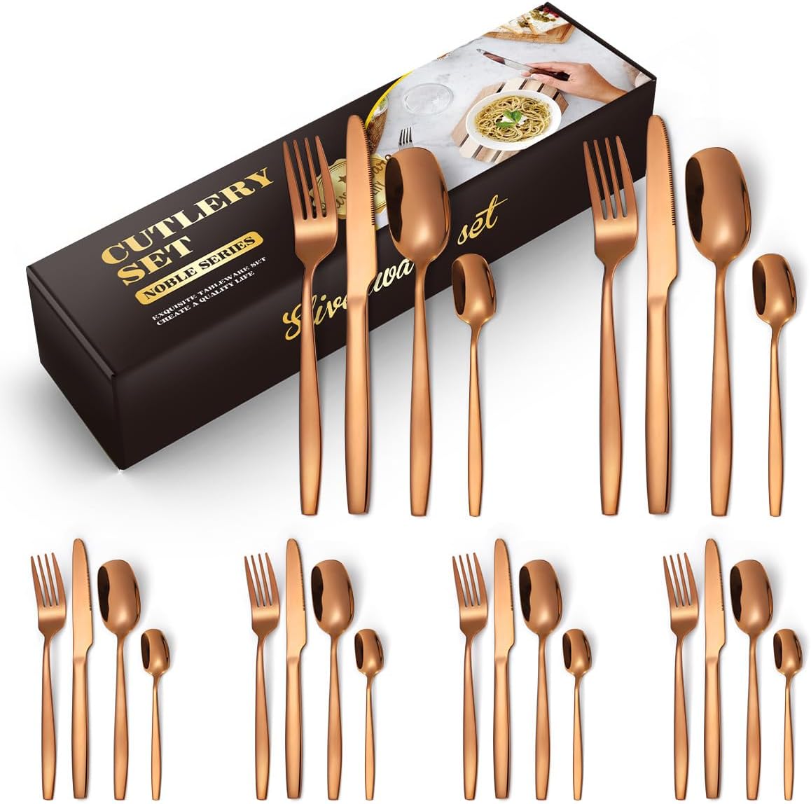 GUYANA 24-Piece Flatware Set, 18/8 Stainless Steel Dining Utensils Service for 6, Mirror Polished Tableware Cutlery Set for Home and Restaurant, Dishwasher Safe (Rose Gold)