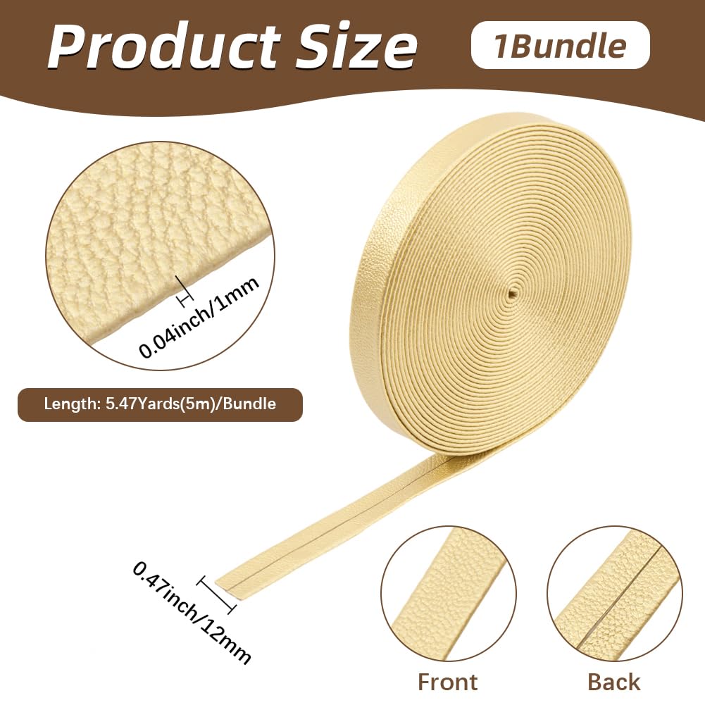 GORGECRAFT 5m x 12mm Gold Foldover Leather Strips Flat Leather Cord PU Edge Trimming 1mm Thick Lambskin Texture Leatherette Straps Braiding Thread for DIY Crafts Tooling Workshop Jewelry Making - Image 2