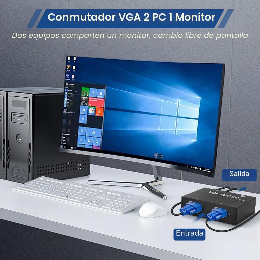 Conmutador VGA de 2 PC a 1 Monitor, VGA Switch 2 Entradas 1 Salida Caja de Selección Splitter Adaptador VGA Resolución, para Ordenador PC Portátil Sobremesa Soporte VGA XVGA SVGA UXGA