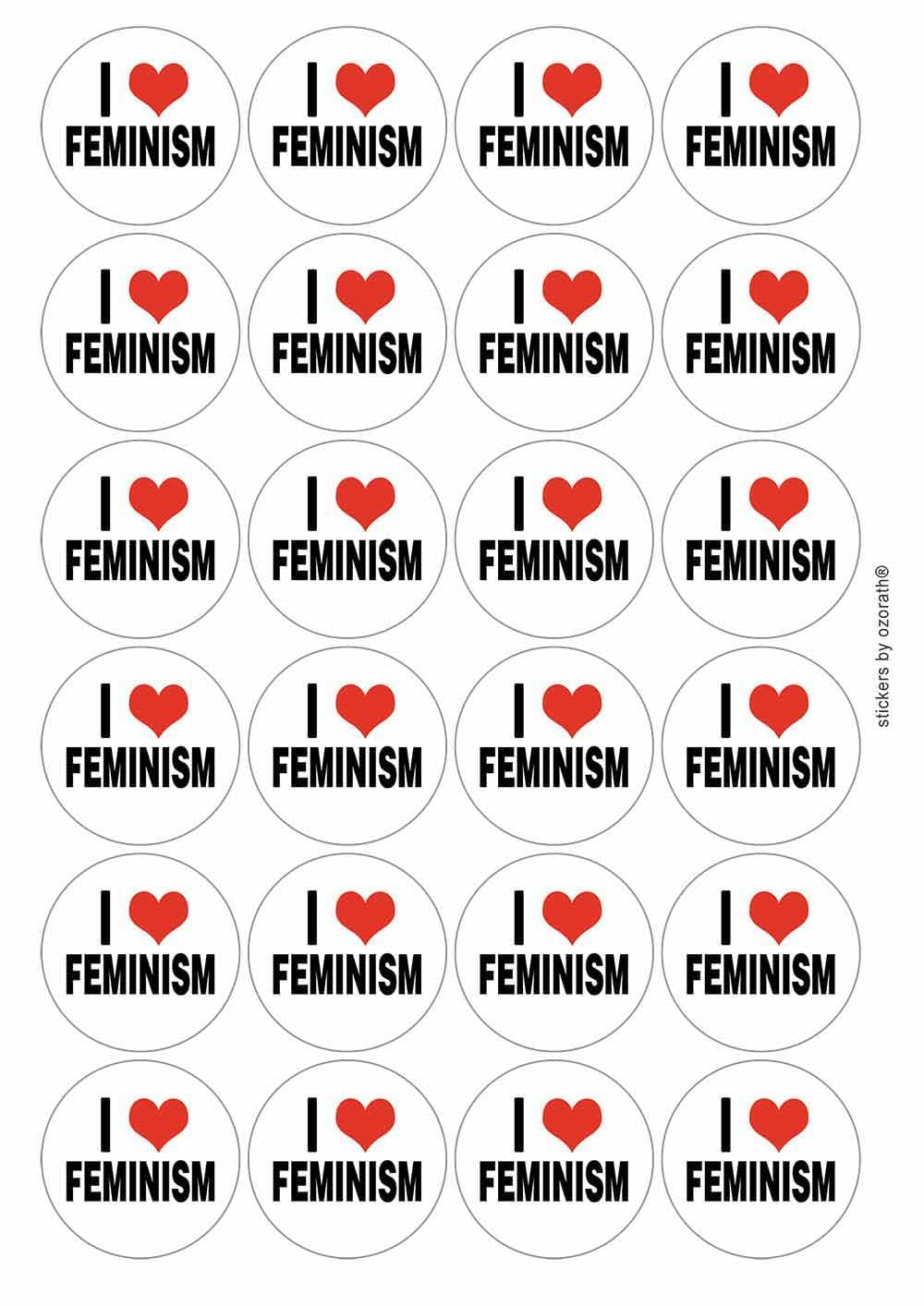 I Heart Love Feminism Feminist Circular Matt Paper Stickers A4 Sheet of 24 (Each Sticker is 45mm Diameter)