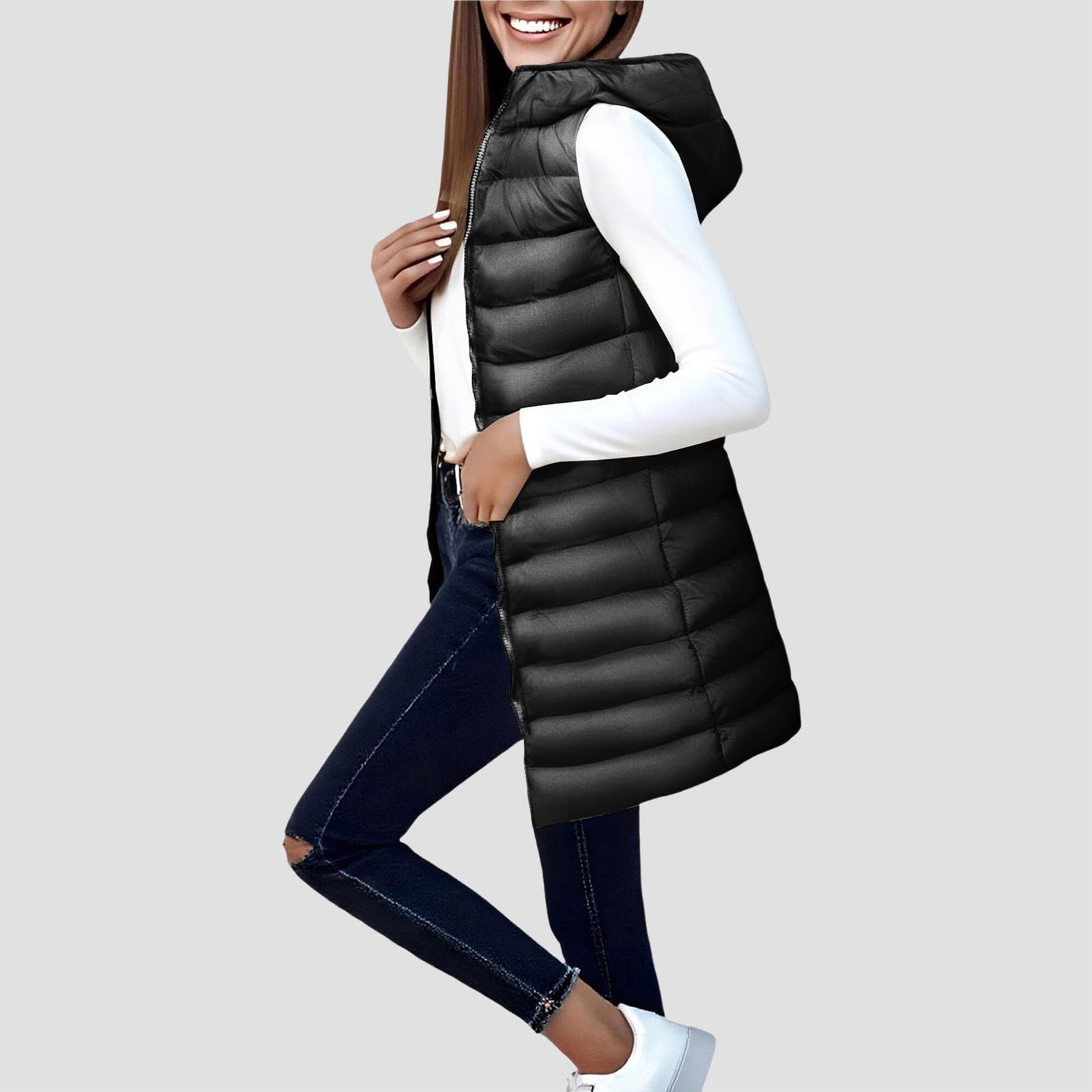 acolchado largo y ligero con capucha desmontable para invierno, abrigo acolchado cálido.