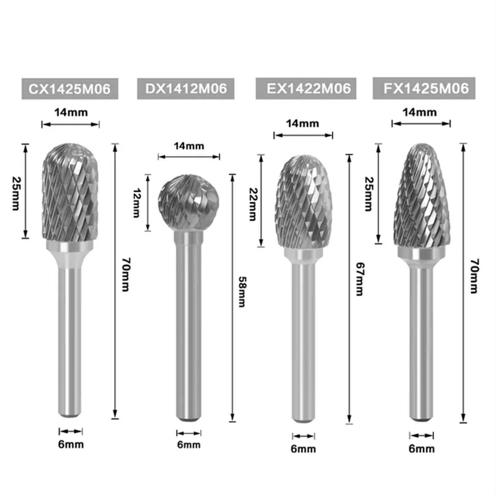 Herramienta rotativa de carburo de tungsteno for Dibujo de Metales de 6 mm, fresado, Grabado, Herramientas abrasivas, Pulido y fresado de Metales(4pcs X(CDEF14))