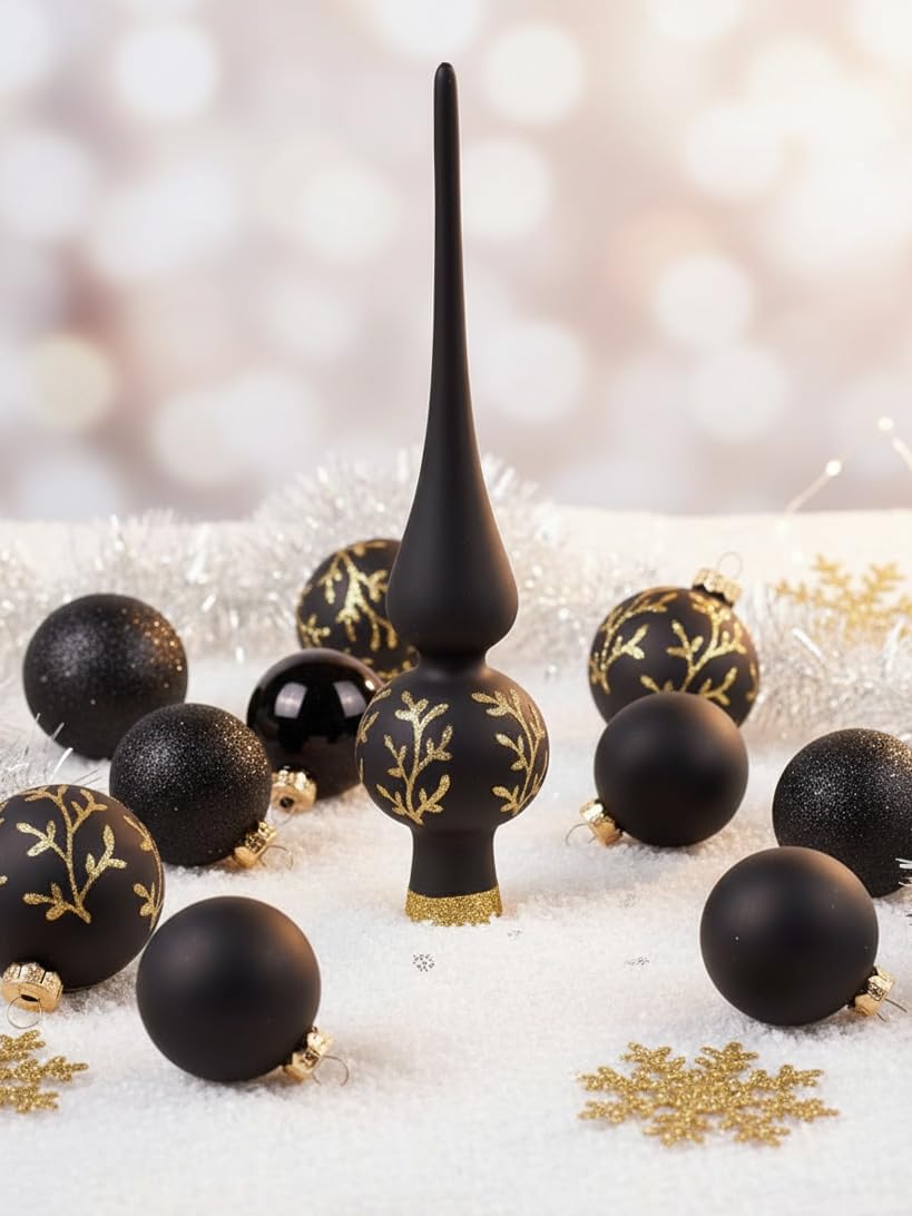 MAGIC Kugelsortiment Glas Dekor 19 TLG. mit Spitze Christbaumkugeln Christbaumschmuck Tannenbaum Deko Weihnachten Weihnachtskugeln (Ebony Black | schwarz)