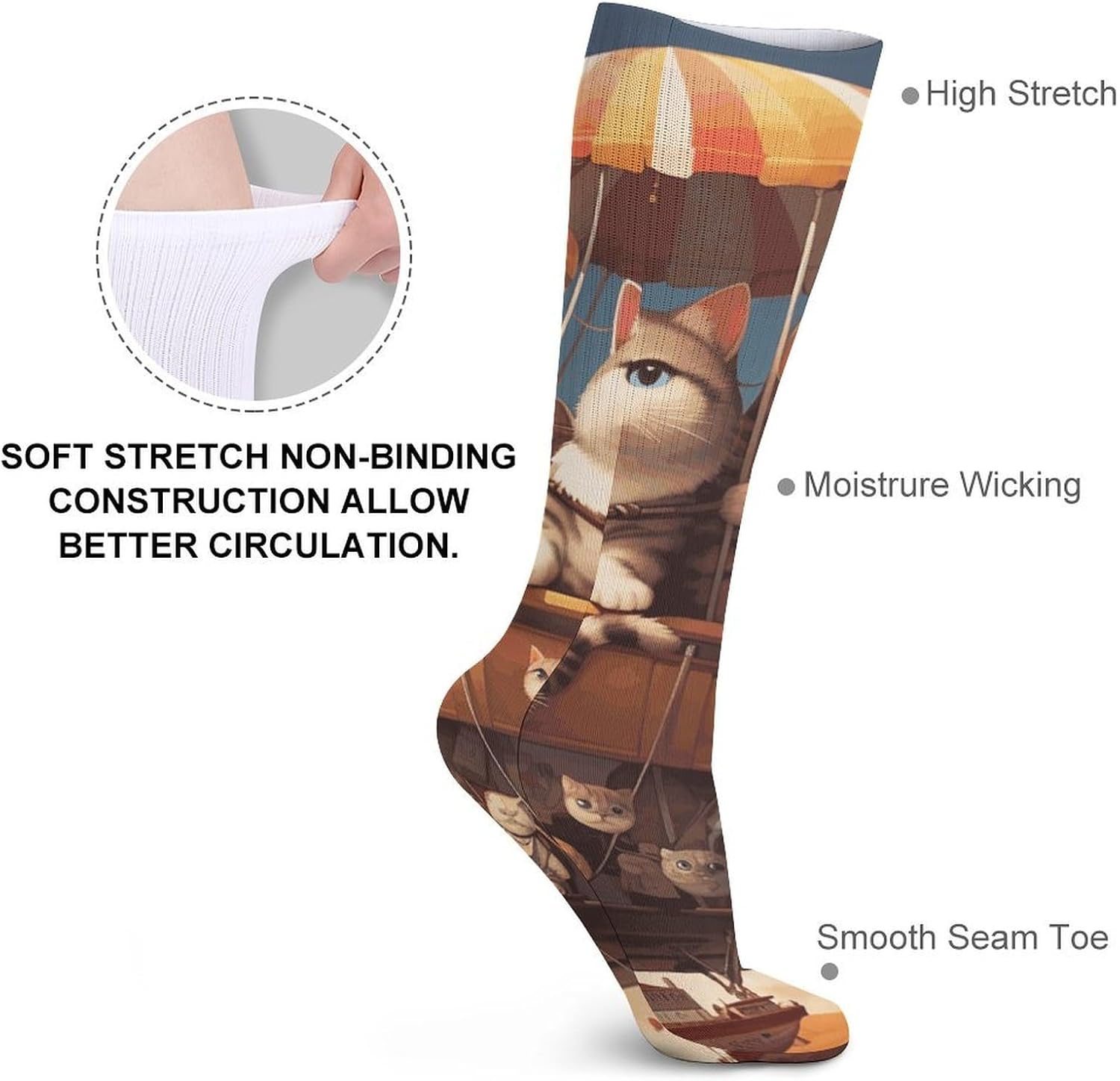 Breathable Crew Sock, Moisture Wicking, Athletic Calf Socks, Cozy | Cat And Hot Air Balloon Compression Socks for Women Men, Lightweight High Work Socks for Business, Casual