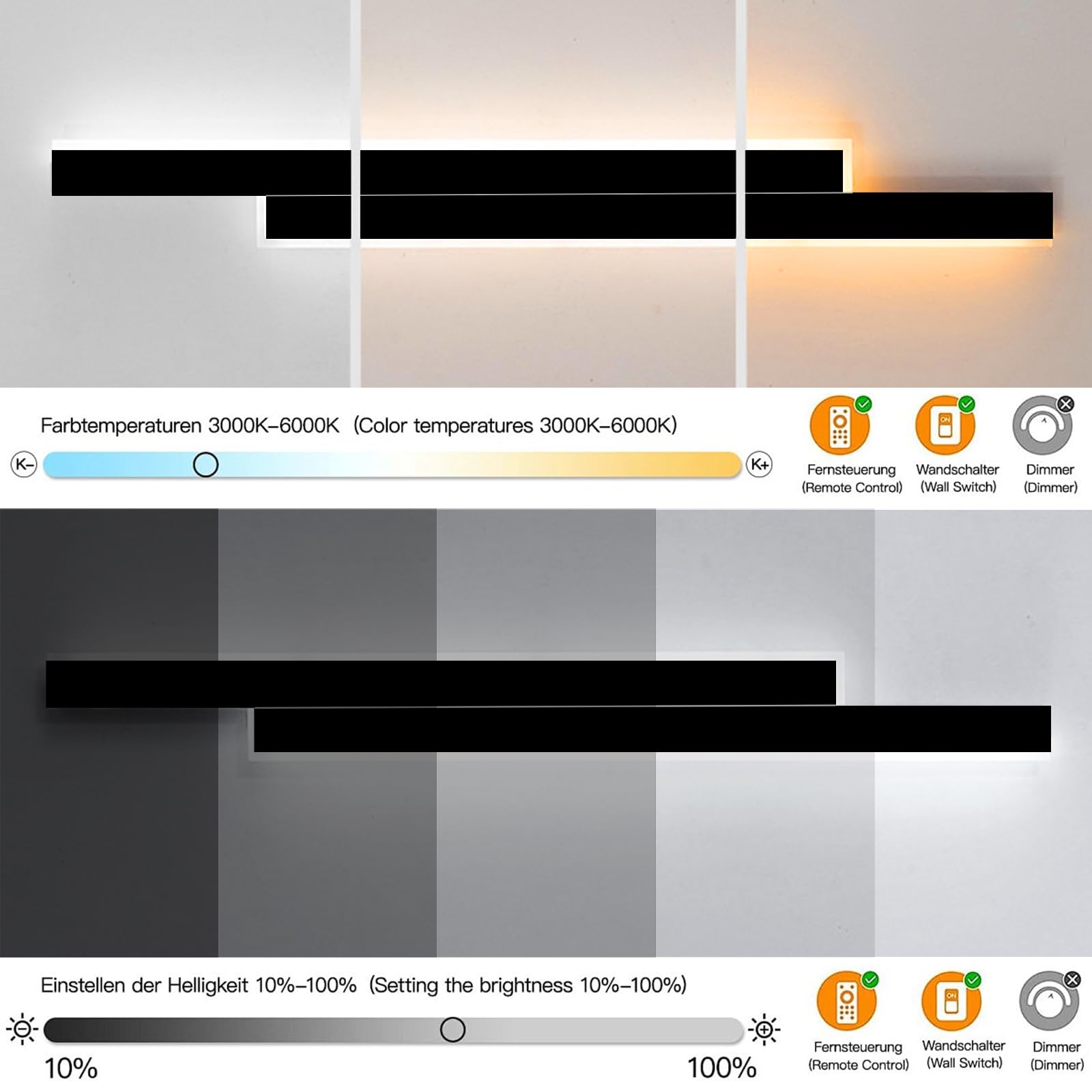 25W LED Wandleuchte Innen Dimmbar 100CM Wandlampe innen mit Fernbedienung,Up Down Wandlicht,Moderne Wandbeleuchtung Schwarz für Schlafzimmer Korridor Wohnzimmer Treppe Kinderzimmer Küche