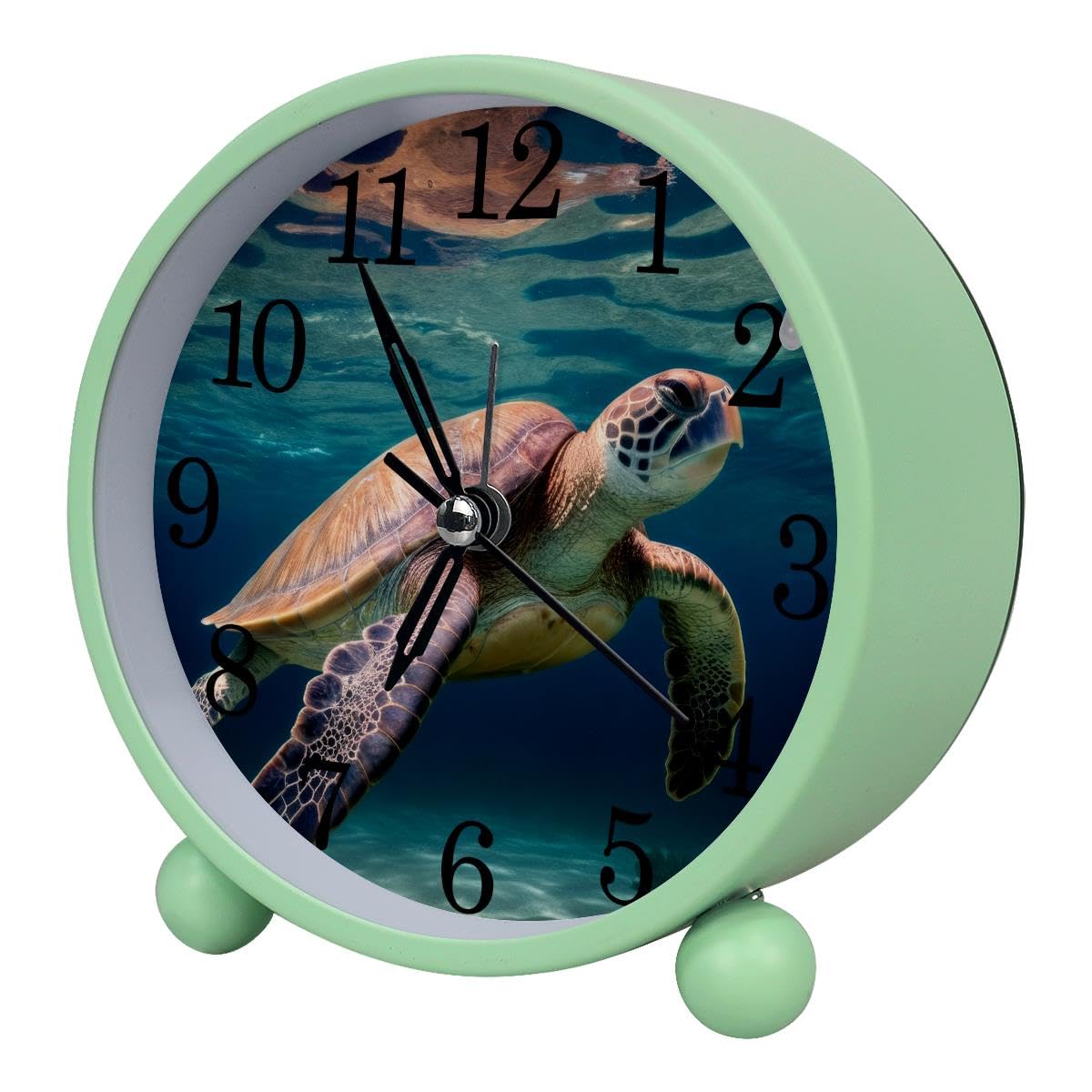 Luoweisi Alarm Clock Underwater Sea Turtle, Silent Non-Ticking with Night Light, Round Metal Alarm Clock for Office, Battery Operated, Bedroom, Elderly, Adults, Children, Student Gifts