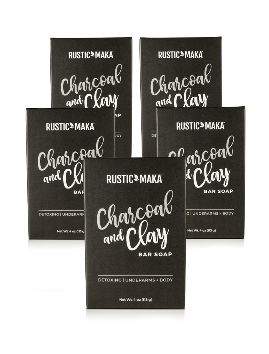 Rustic Maka CHARCOAL + CLAY Bar Soap, Activated Charcoal and Kaolin Clay, Removes Impurities, Absorbs Oil, Deep Cleanses Pores, Acne, 5-Pack