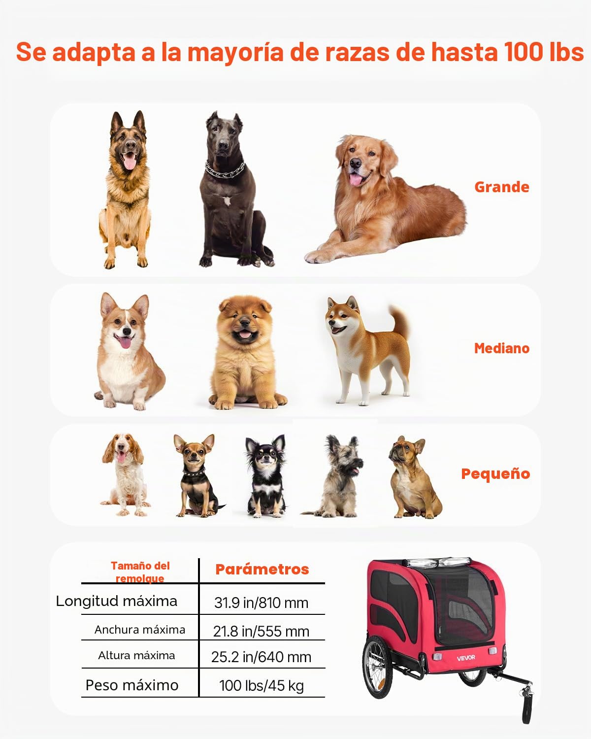 VEVOR Remolque de Bicicleta para Perros, Carga de 45 kg, Portabicicletas Plegable para Perros Pequeños/Grandes con Rueda de Liberación Rápida, Enganche Universal, Reflector, Bandera y Correa Interior