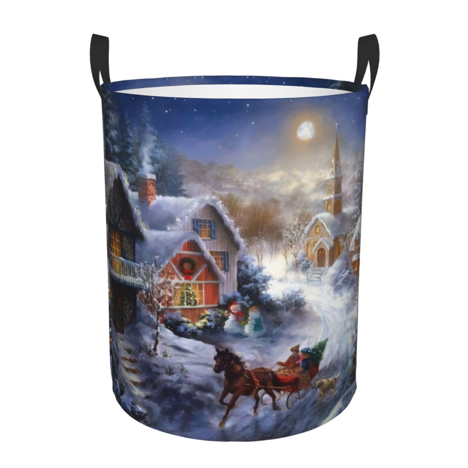 M Circular Hamper – Collapsible Christmas village Print Laundry Basket