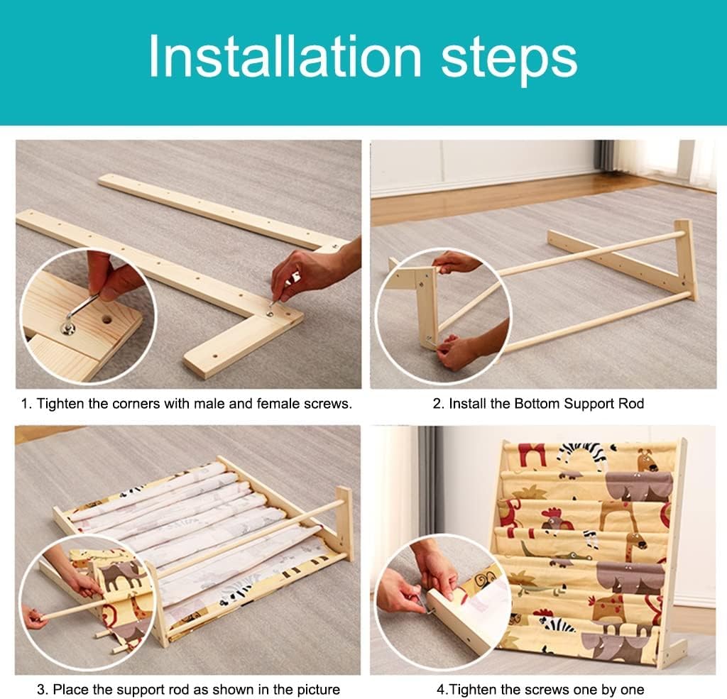 HEYOUTH Scaffale Libri Montessori per Bambini in Legno, 75x30x79 cm con 6 Tasche di Tessuto, Libreria Aperta per Conservare ed Esporre Libri e Giocattoli (Animal style)