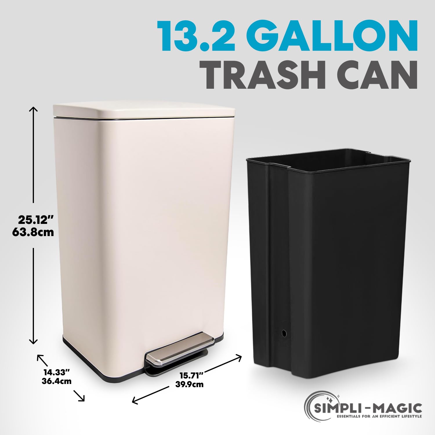 Simpli-Magic 50 Liter / 13.2 Gallon Soft-Close, Smudge Resistant Trash Can with Foot Pedal and Built in Filter- White Color