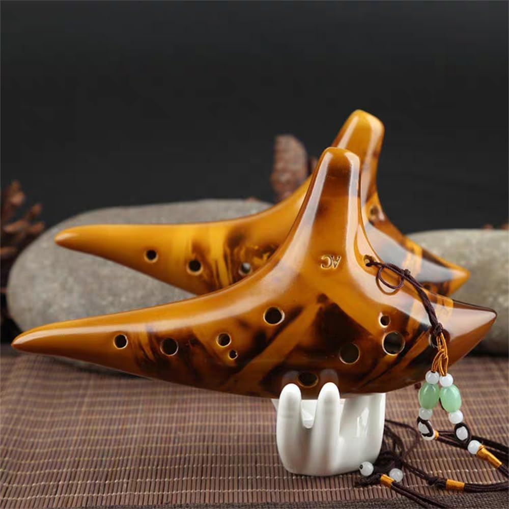 Ocarina - Ocarina de cerámica de 12 agujeros alto C ahumada con pajilla ahumada con libro de canciones para principiantes, idea de regalo (ámbar)