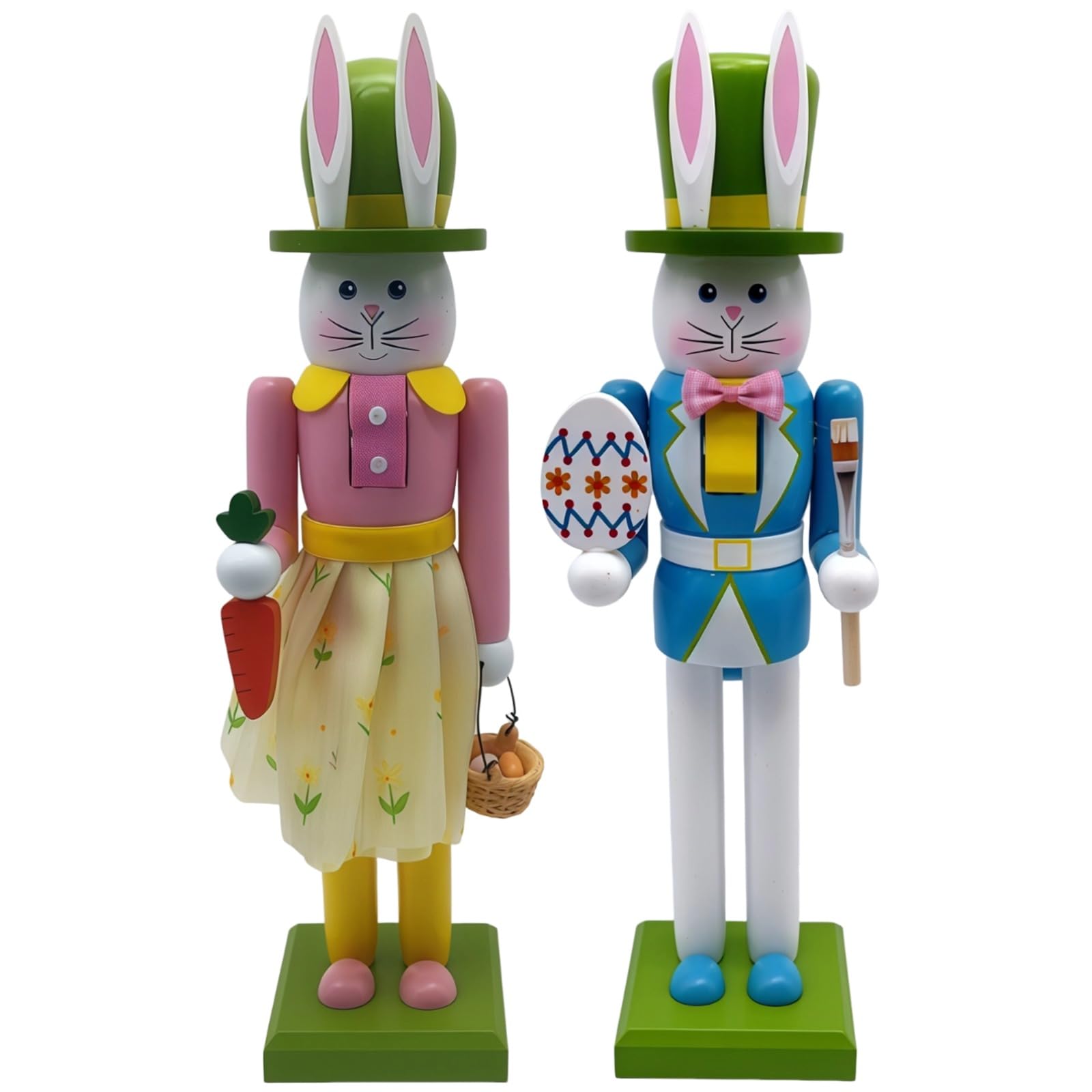 2 STK. Holz-Osterhasenfiguren, 30,8 cm traditionelle Osterhasenfigur aus bemaltem Kiefernholz, in Hellblau und Rosa, Festliche Deko für Zuhause, Tisch, Regal und Kamin, dekorativer Akzent