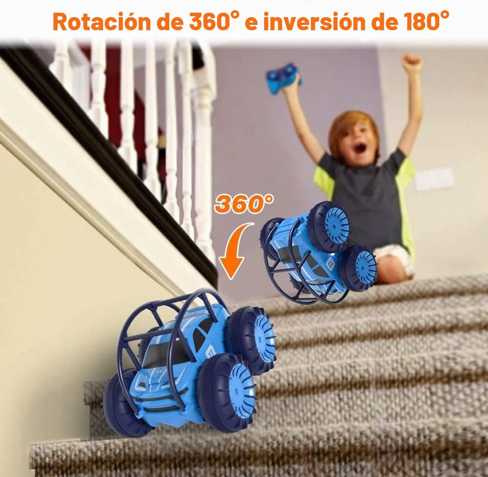 MaxTronic Coche teledirigido, Carga Directa Anfibio RC Stunt Auto Impermeable con Luz LED, Giros 360°, 4WD 15KM/H Todo Terreno 2.4G MonsterTruck Juguetes Niñas Niños para niños a partir de 3 años
