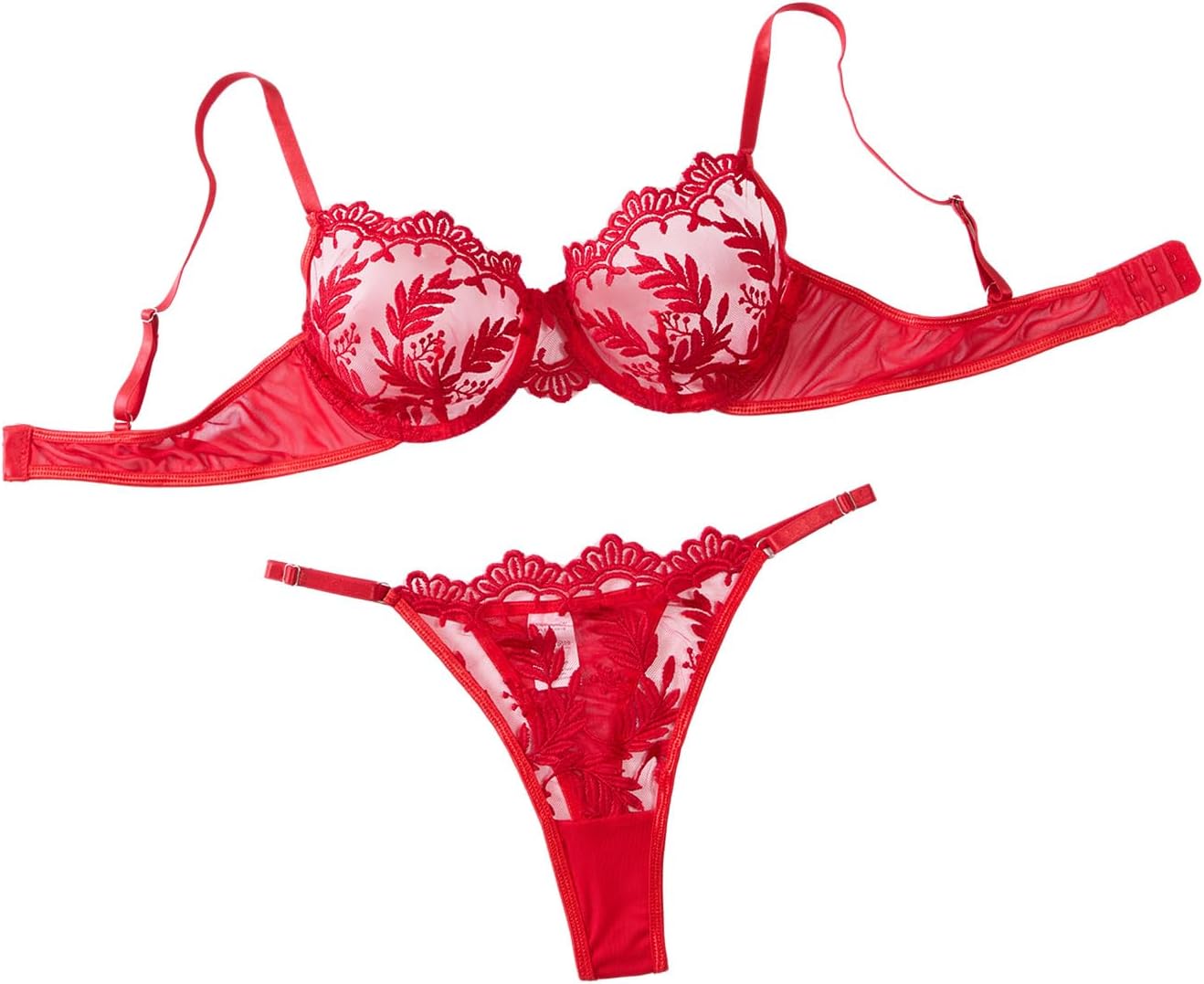 Sexy Leaf Floral Embroidered Underwire Mesh Sheer Lingerie Set 2 Pieces Outfits - Image 3