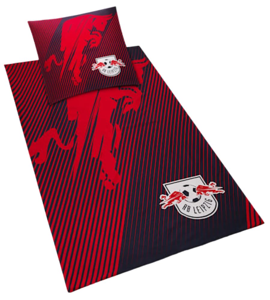 RB Leipzig Bettwäsche - Speed - 2teilig 135 x 200 cm rot-Navy gestreift RBL - Plus Lesezeichen Wir lieben Fußball