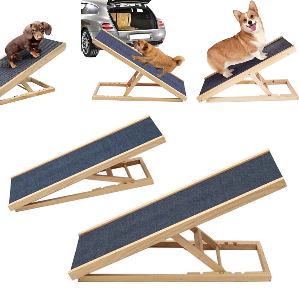 Wooden Dog Ramp Pet Puppy Adjustable Height Non Slip Carpet Stair 39.37inch Dogs Car Seat Lift Ramps Max Load 150 kg/330lbs (Wood 100cm/4-Height)