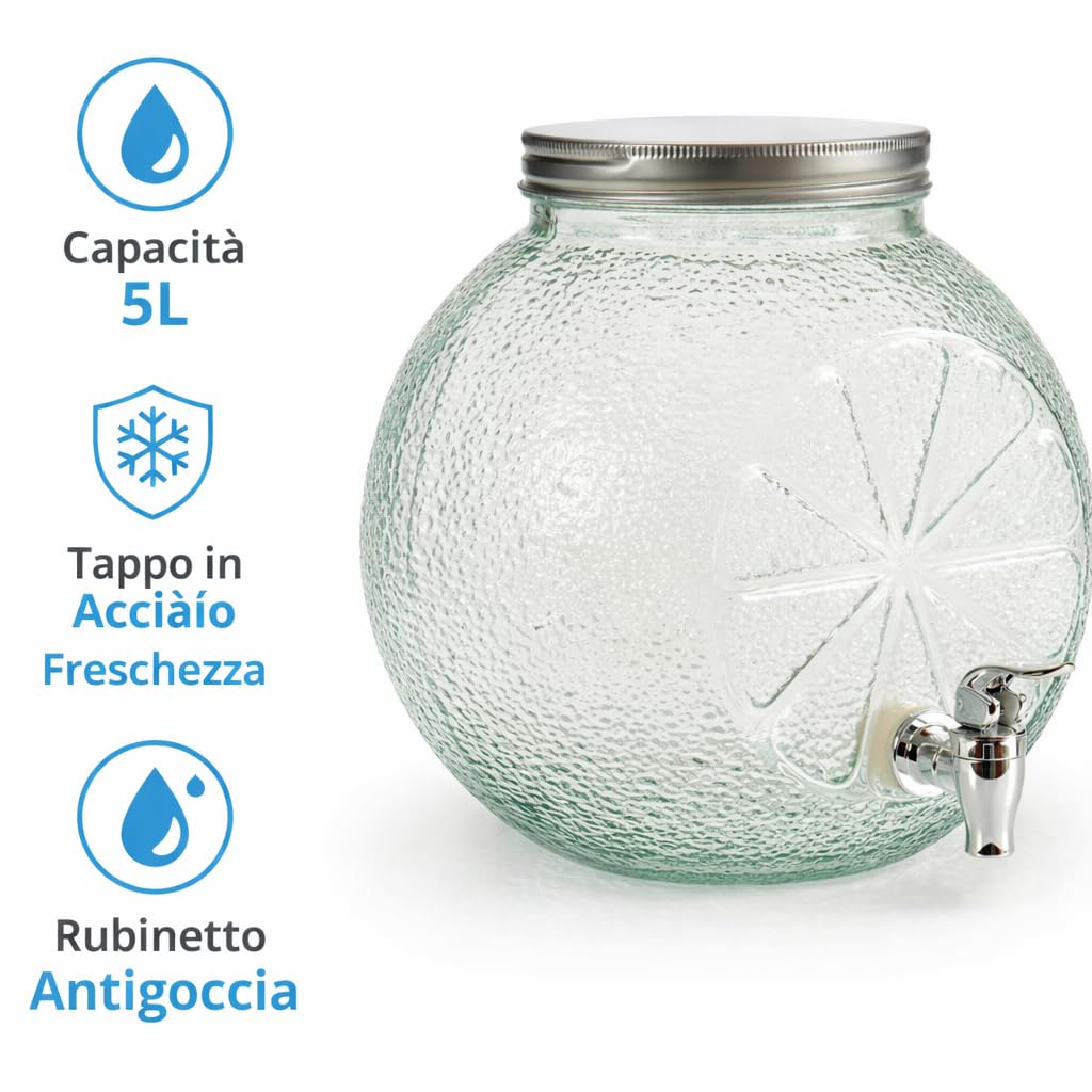Dispenser Bevande in Vetro 5L con Rubinetto e Tappo Acciaio – Barattolo Porta Bibite 25x25 cm per Acqua, Cocktail, Eventi, Feste, Catering – Design Elegante e Compatto