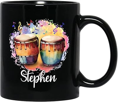 Personalized Choose Name Bongo Drum Musician Instruments Black Coffee Mugs Cups 11 Oz 15 Oz, Customized Drum Player Travel Coffee Cup Gifts For Men Women Bongo Drum Lover, Bongo Drum Ceramic Tea Cup