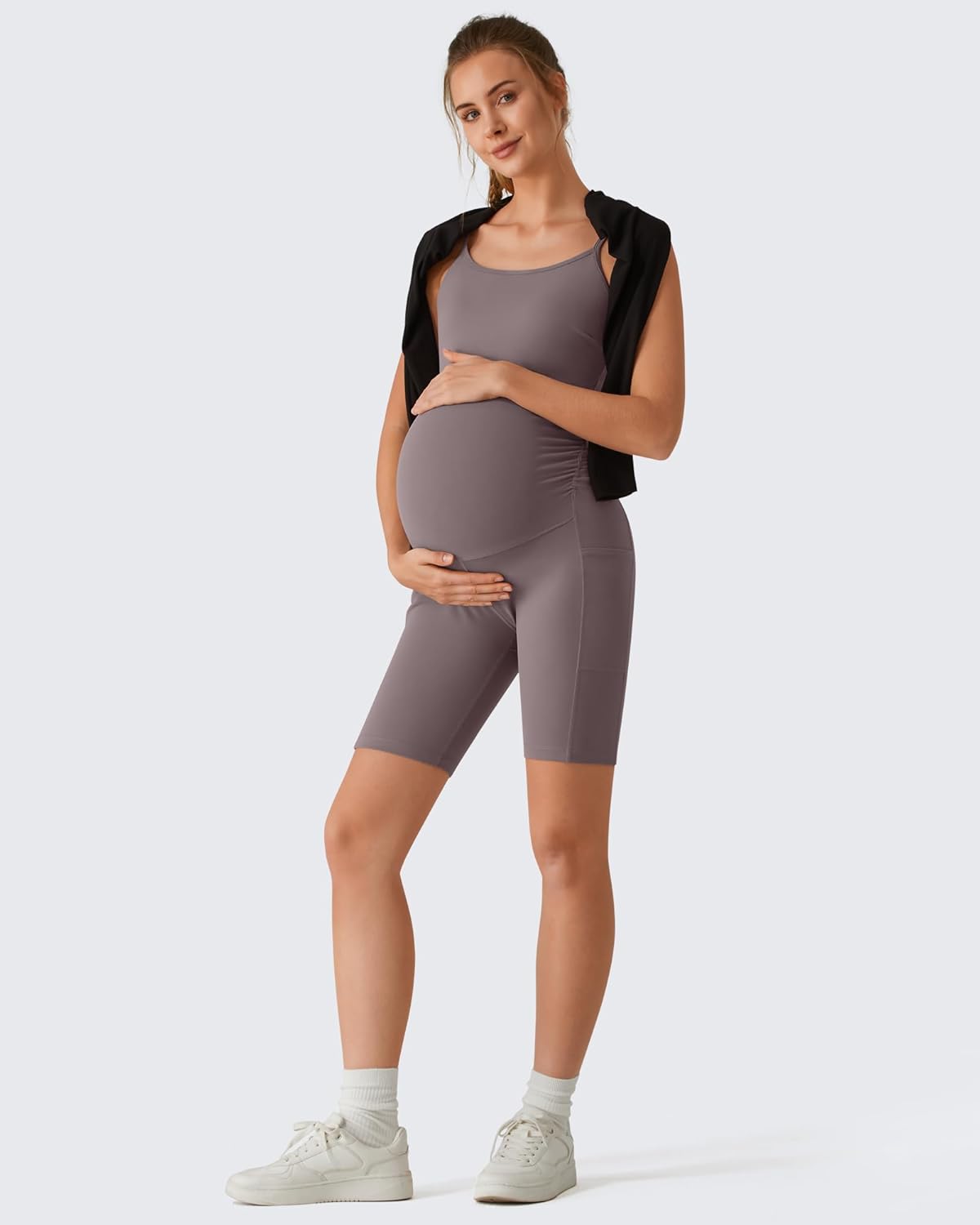 G4Free BareFeel Built in Bra Maternity Romper Cut Out Back Pregnancy Jumpsuit with Pockets Workout Casual