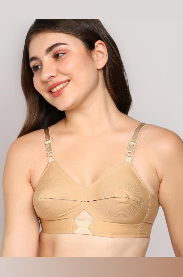 Priyasajini Women's Full Coverage 100% Woven Cotton Single Layer Round Stitch Non Padded Wirefree Conical Cup Everyday Bra