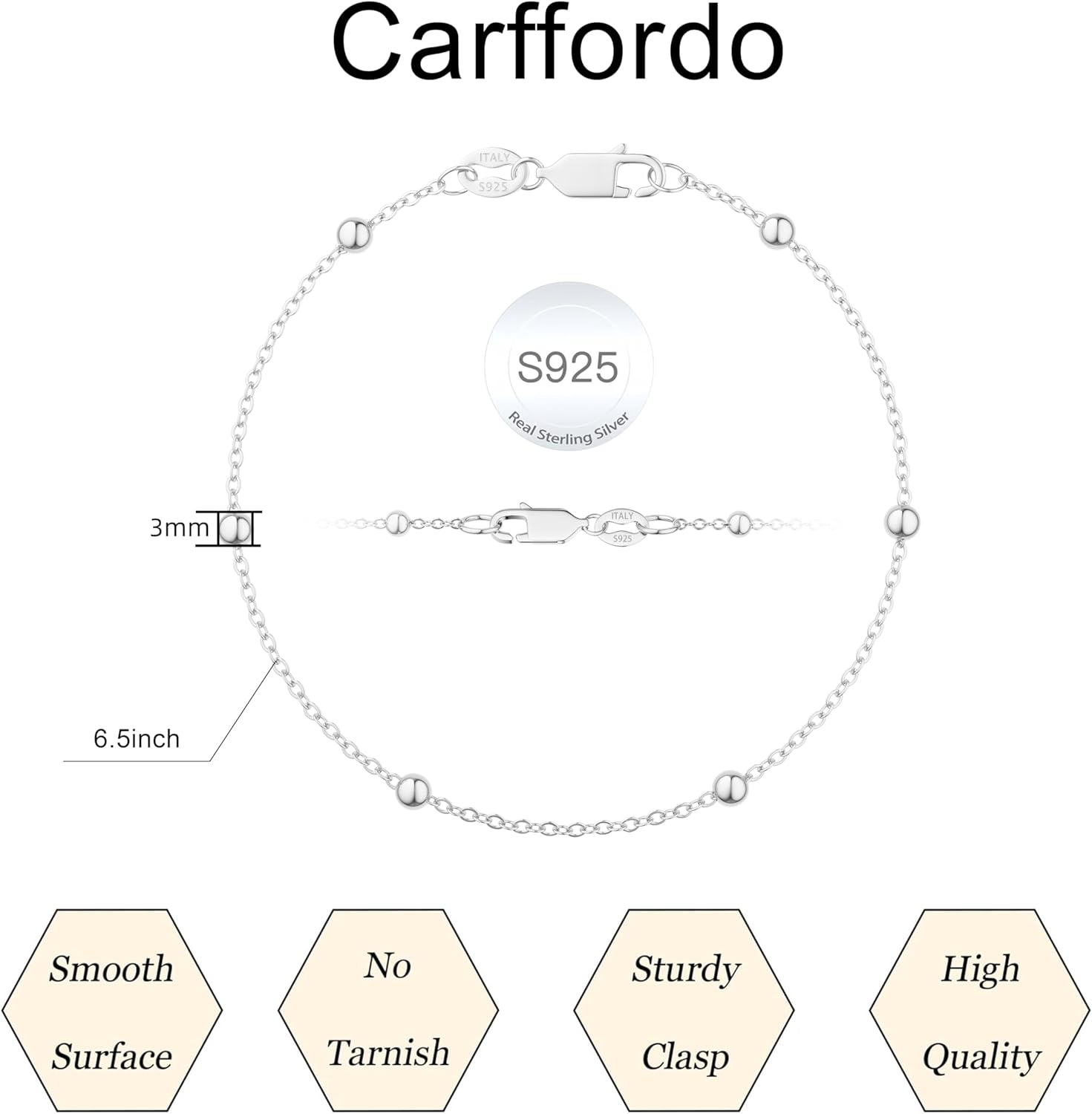 925 Sterling Silver Bracelet 3mm Bead Link Chain Bracelet for Women Simple Dainty 16K Gold Bracelet for Women Minimalist Waterproof Link Silver Bracelet Trendy Jewelry Gifts - Image 5