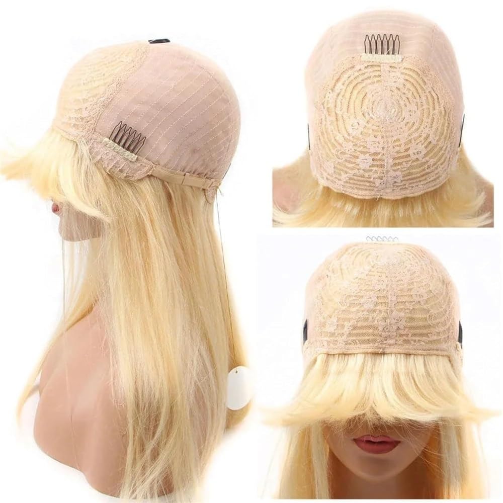 peluca lisa rubia 613 con flequillo, pelo humano sin pegamento, sin encaje, para mujeres añade volumen del cabello (16 inch)