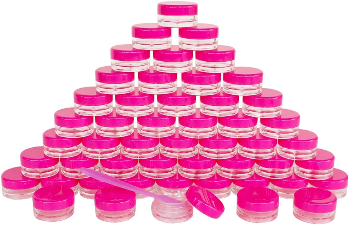 50pcs, 3Gram 3ml BPA Free Small Jars, Cosmetic Sample Empty Plastic Container, Round Pot Rose Red Screw Cap Lid, for Makeup, Eye Shadow, Nails, Powder, Jewelry, Gems, Beads, Free 50x Dispense Spatulas