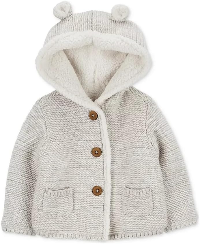 Carter's Baby Boys and Girls Button Front Hooded Sherpa-Lined Cardigan Jacket (Grey, Newborn)