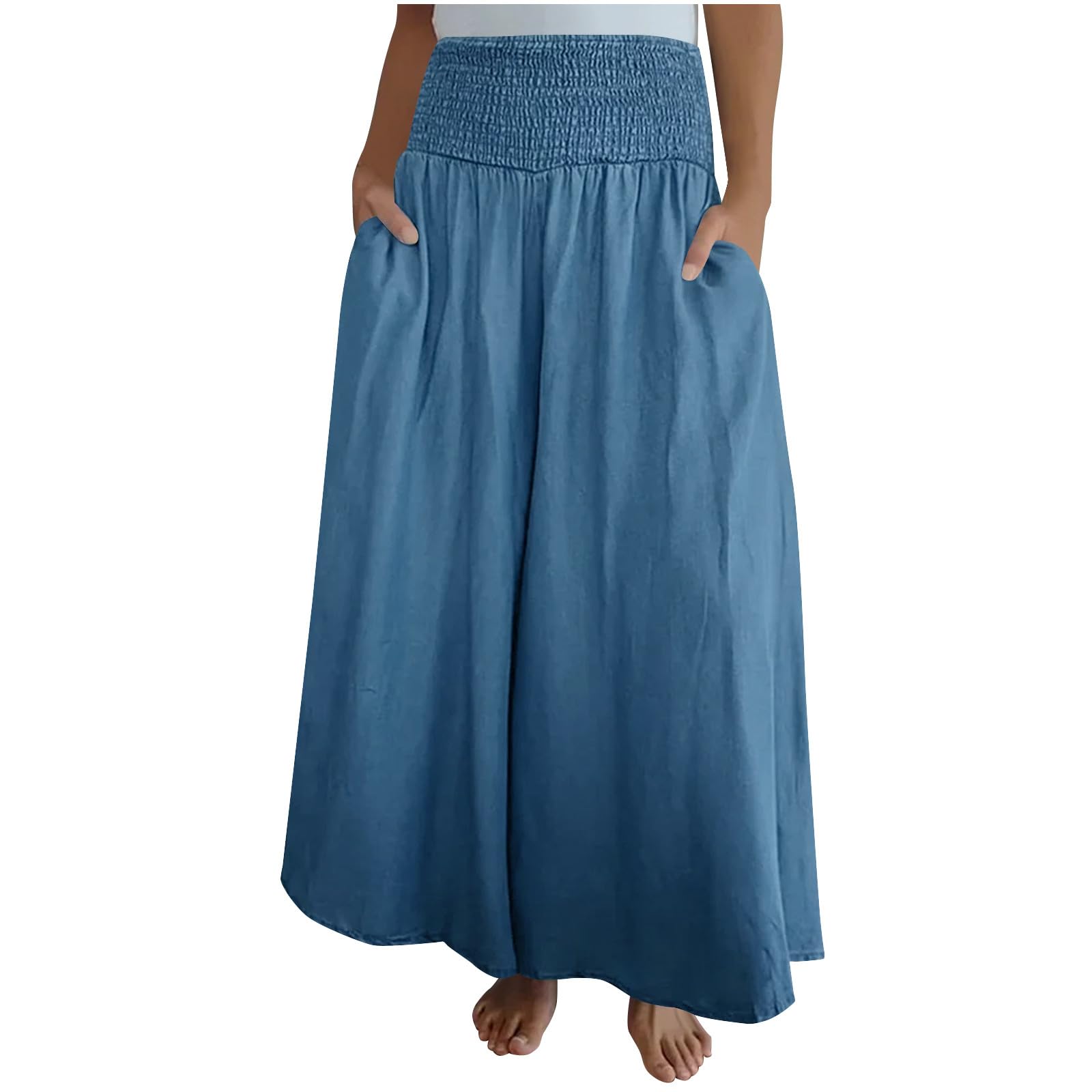 Women Beach Palazzo Pants for Summer Boho Bagyy Wide Leg Smocked High Waist Casual Loose Lounge Pant with Pocket(Blue,XX-Large)