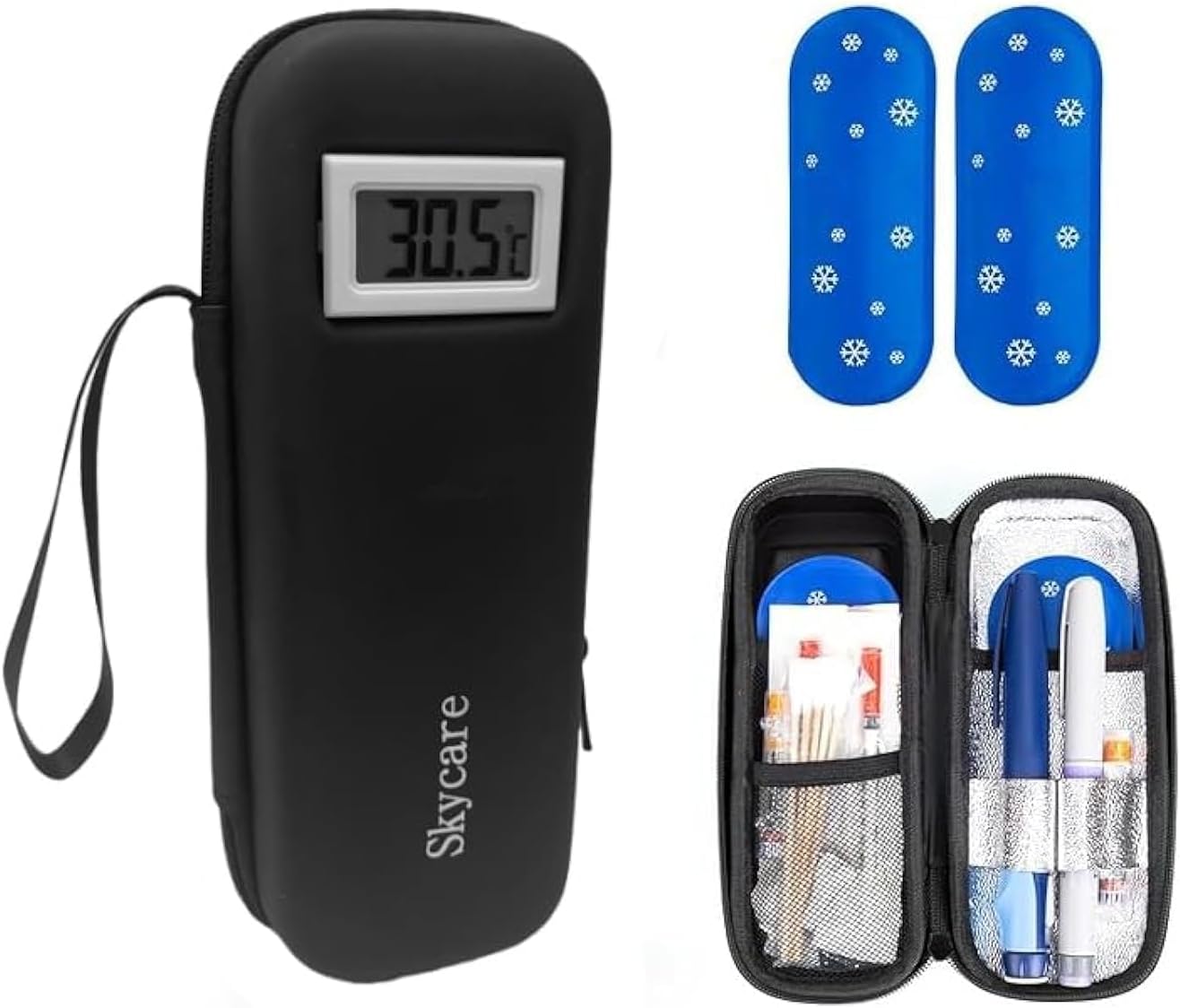 Skycare Insulin Cooler Travel Case - TSA Approved Diabetic Medication Cooler with Real-Time Temperature Display and 2 Reusable Ice Packs (Black)
