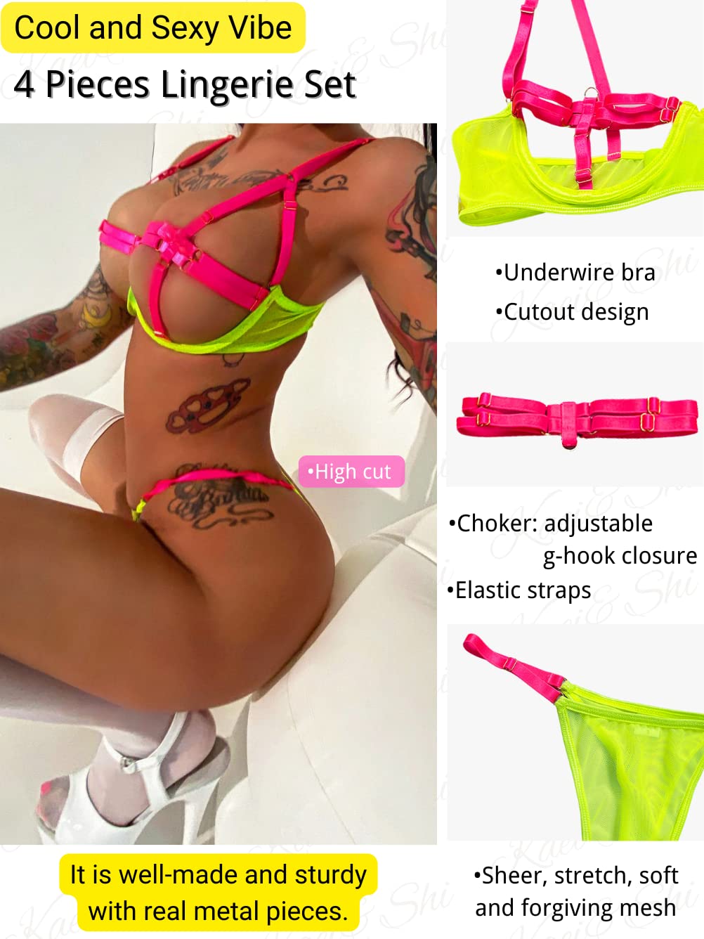 Kaei&Shi Glow Under Black Light, Party Boudoir Outfits, 4PC Peekaboo Lingerie: 0-2 Neon Green