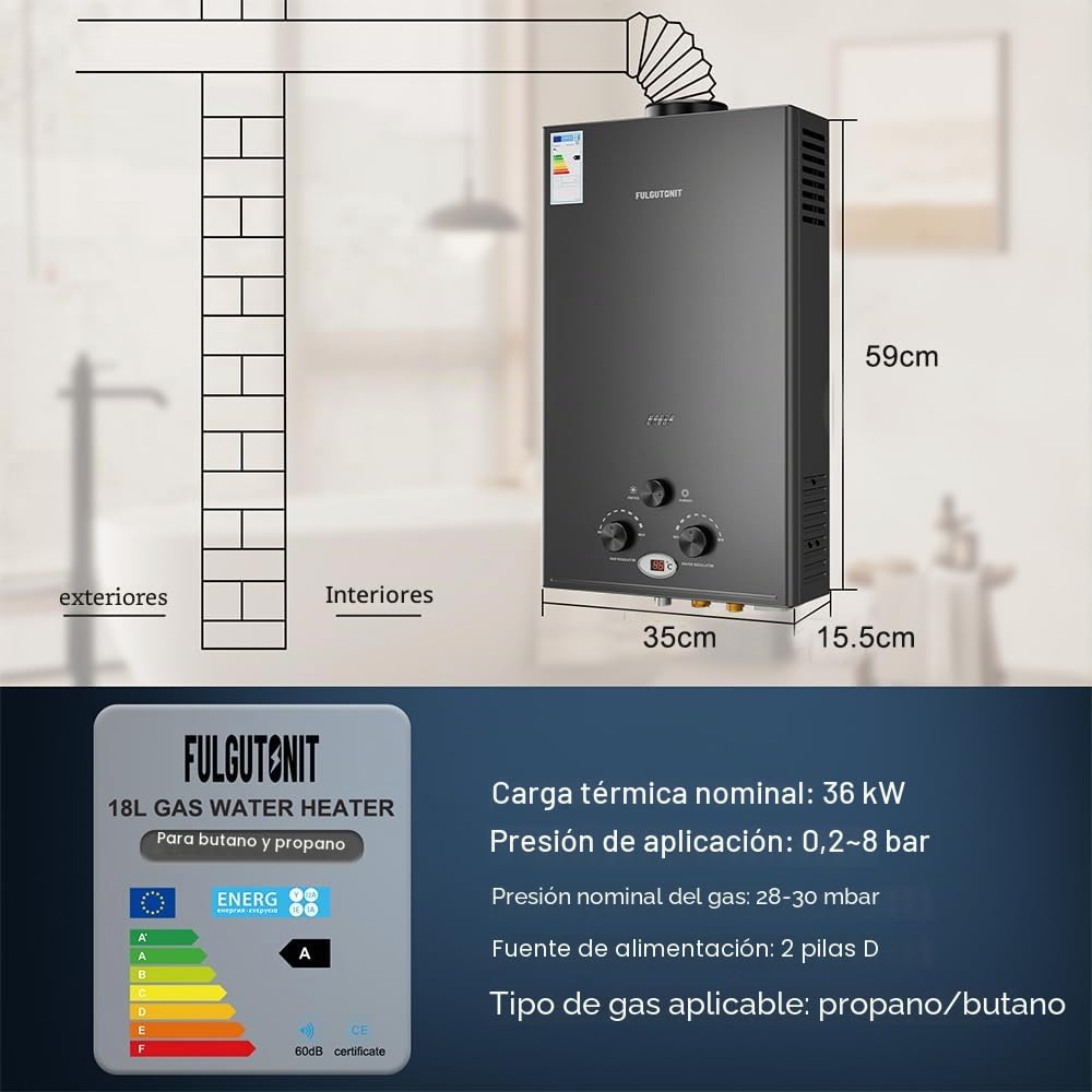 Fulgutonit Calentador de Agua Gas LPG 18L 36KW | Compatible con Propano y Butano, Arranque a Baja Presión 0.25 Bar, Protección Contra Sobrecalentamiento