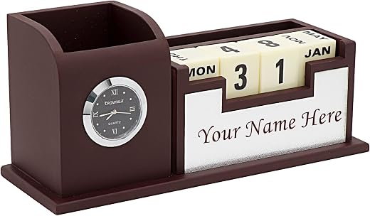 CrownLit Wood Personalised Pen Stand with Name | Desk Organizer with Clock and Calendar | Brown | Diwali Gift Items | Corp...