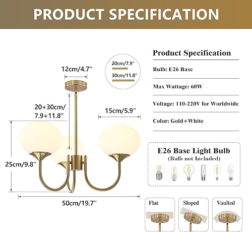 Miniatura 2 de Candelabro vintage dorado de 3 luces con forma de globo de vidrio de leche, lámpara de techo Sputnik de latón de mediados de siglo, moderna lámpara