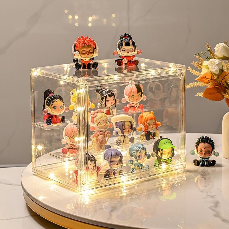 Image of BOHOIDEE 3 Tiers Clear Display Case with Lights, Acrylic Storage Organizers Box with Magnetic Door, Acrylic Dustproof Showcase for Collectibles Action Figure