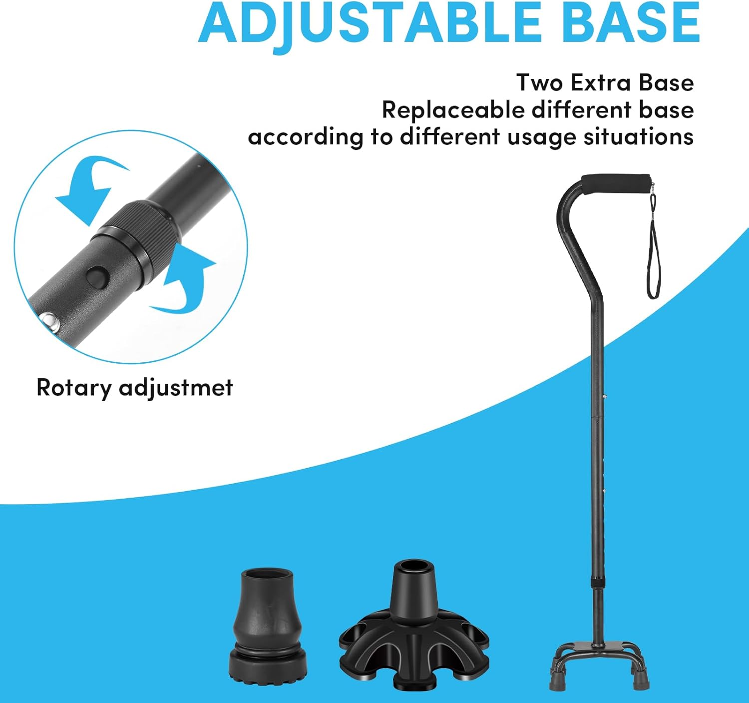 Adjustable Walking Cane for Women ＆ Men with 4-Pronged Base for Extra Stability, Foam Padded Offset Handle for Soft Grip, Foldable Cane for Seniors for Stability with 3 Different Cane Tips