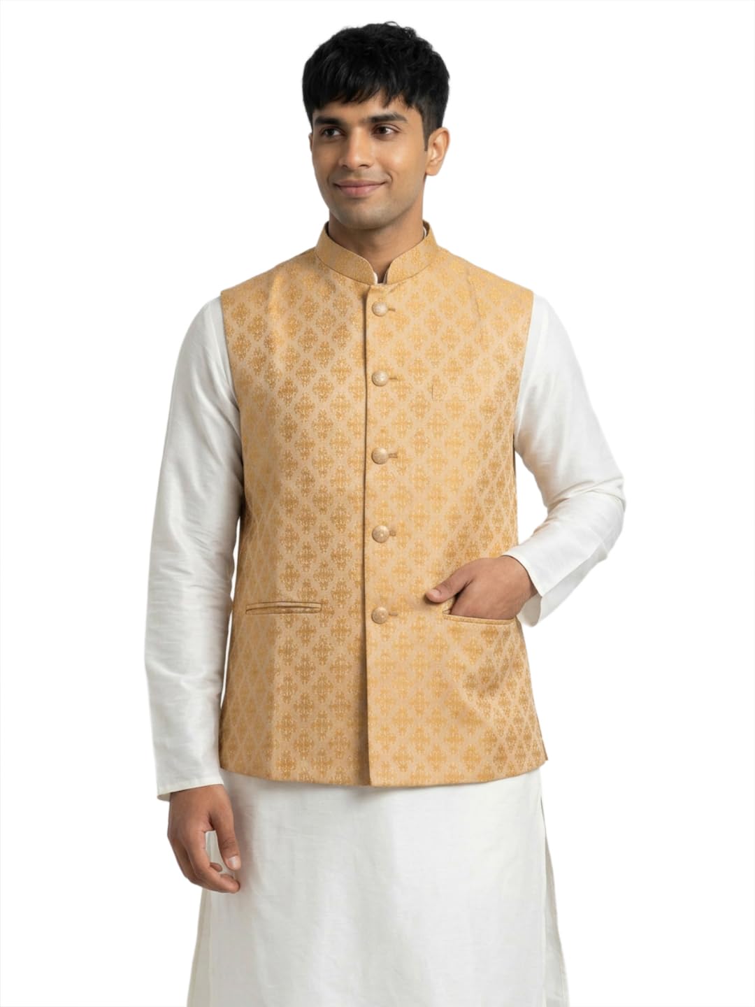 sanman ethnix by raymond Men Regular Fit Jacquard Pattern Poly Viscose Blend Mandarin Collar Sleeveless Festive Bundi-picture-27