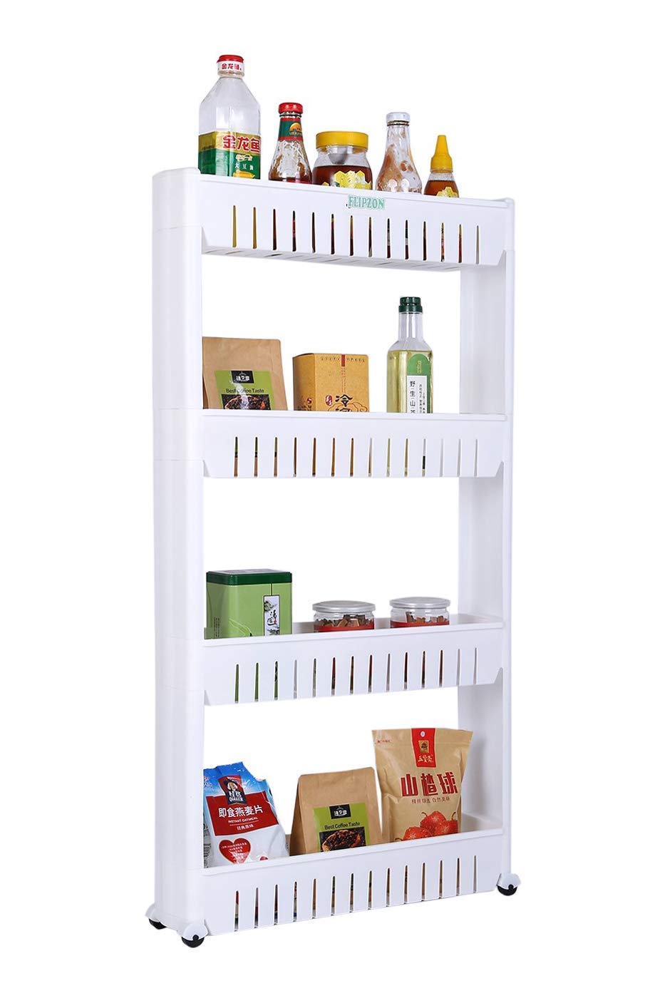 4 Layer Plastic Space Saving Storage Organizer Slim Rack with Wheels | Slim Slide Out Kitchen Trolley Rack Holder Storage Organizer for Kitchen, Bathroom (White) (4Tier Slim Rack)-image-29
