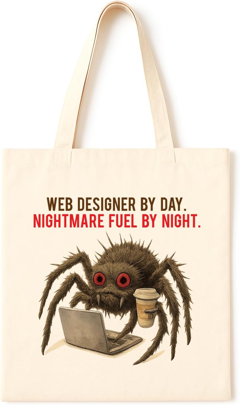 Spider with Coffee and Laptop ~ Web designer by day, nightmare fuel by night, perfect gift tote for programmers, night owls and anyone coding under caffeine and chaos