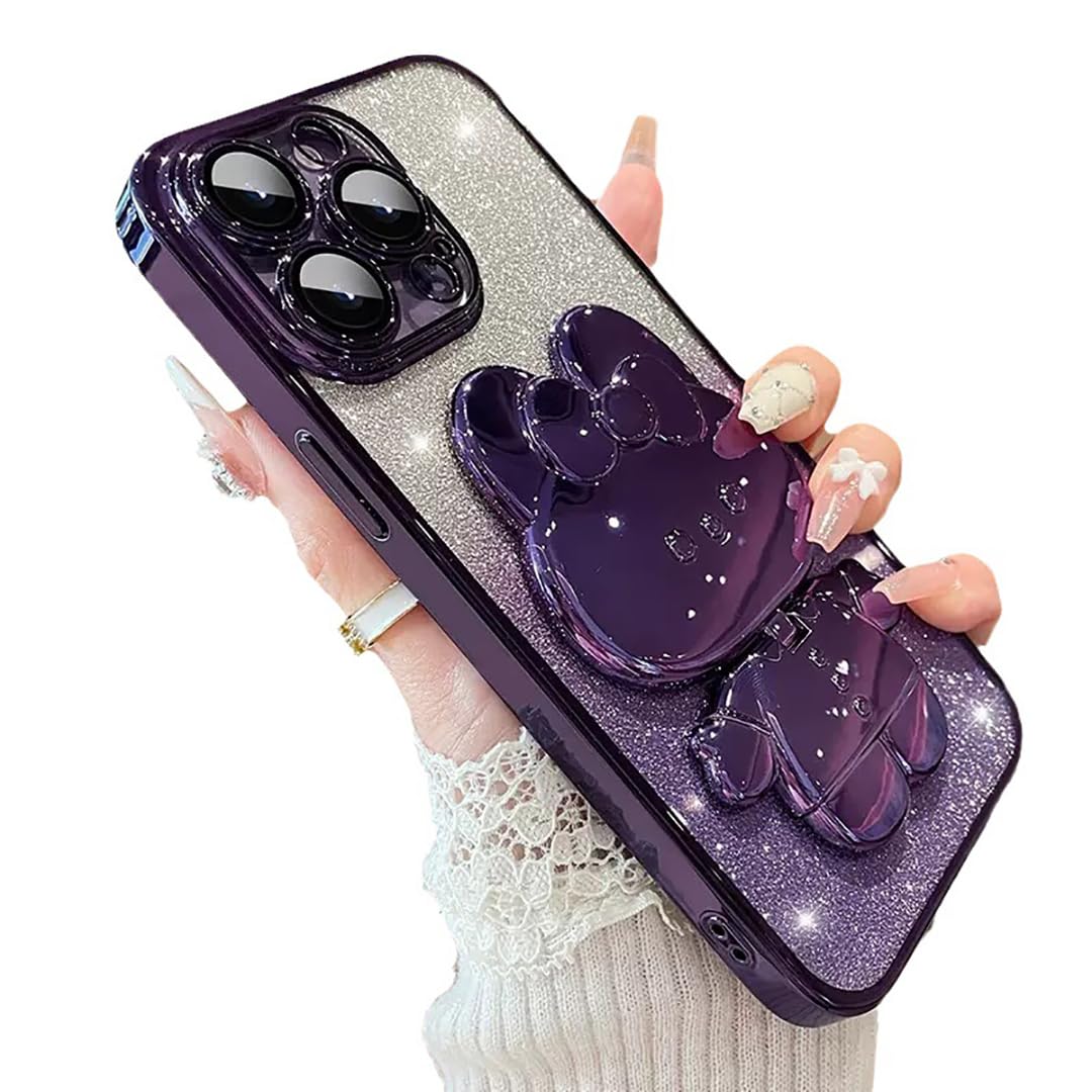 Poowear for iPhone 15 Pro Max Case,3D Cute Cartoon Rabbit Makeup Mirror Holder Bling Glitter Cover Electroplate Bumper Transparent Lens Film Women Girls Case for iPhone 15 Pro Max 6.7''