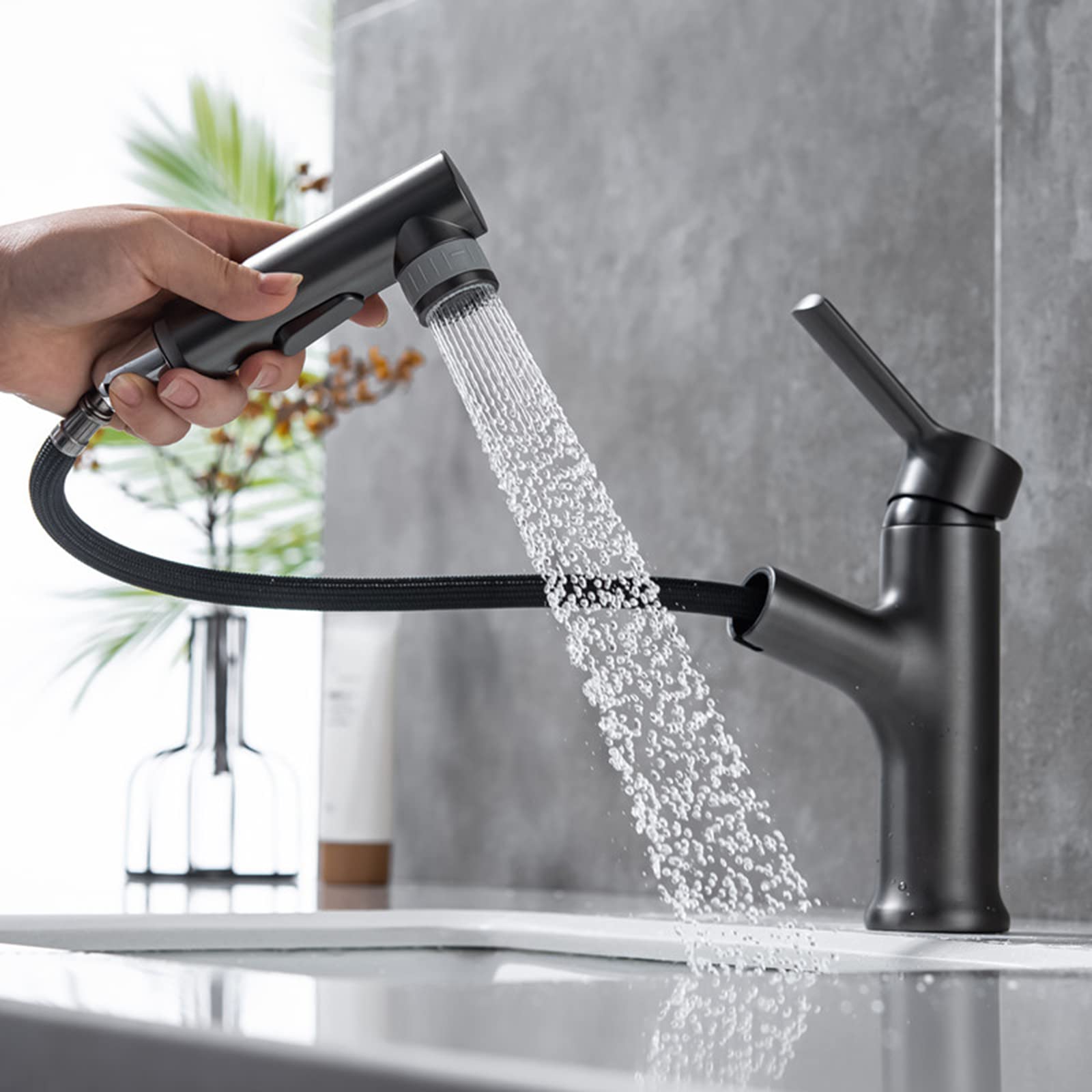 Grifos De Lavabo con Rociador Extraíble, Grifos De Lavabo con Filtro Antisalpicaduras para Agua Caliente Y Fría, Color Oro Cepillado.(Grey)